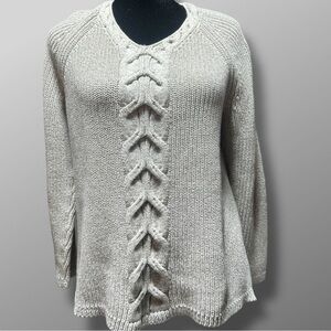 Talbots Petite Medium Cable Knit Sweater Heather Gray Beige 100% Cotton Classic